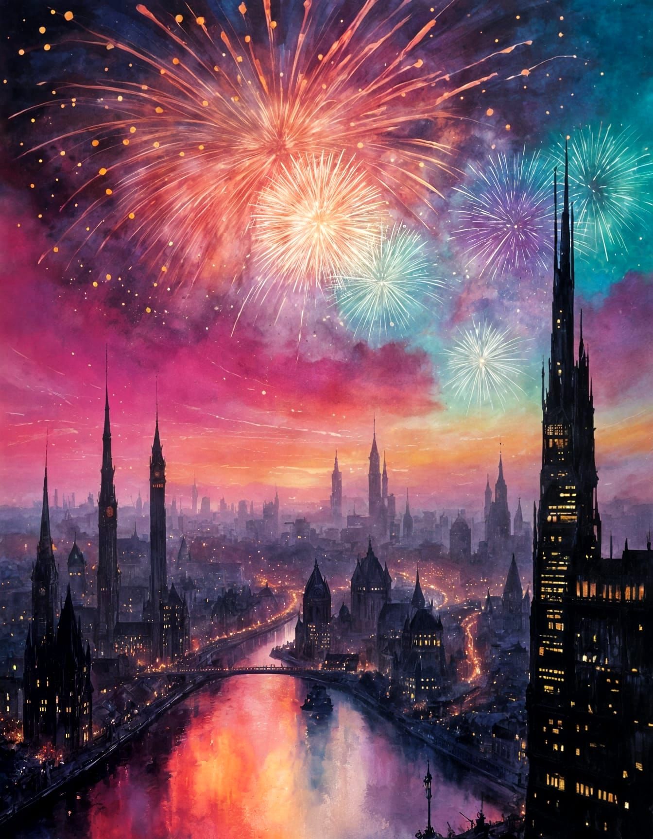 Ethereal Cityscape at Night, with Glowing Fireworks in Vibra...