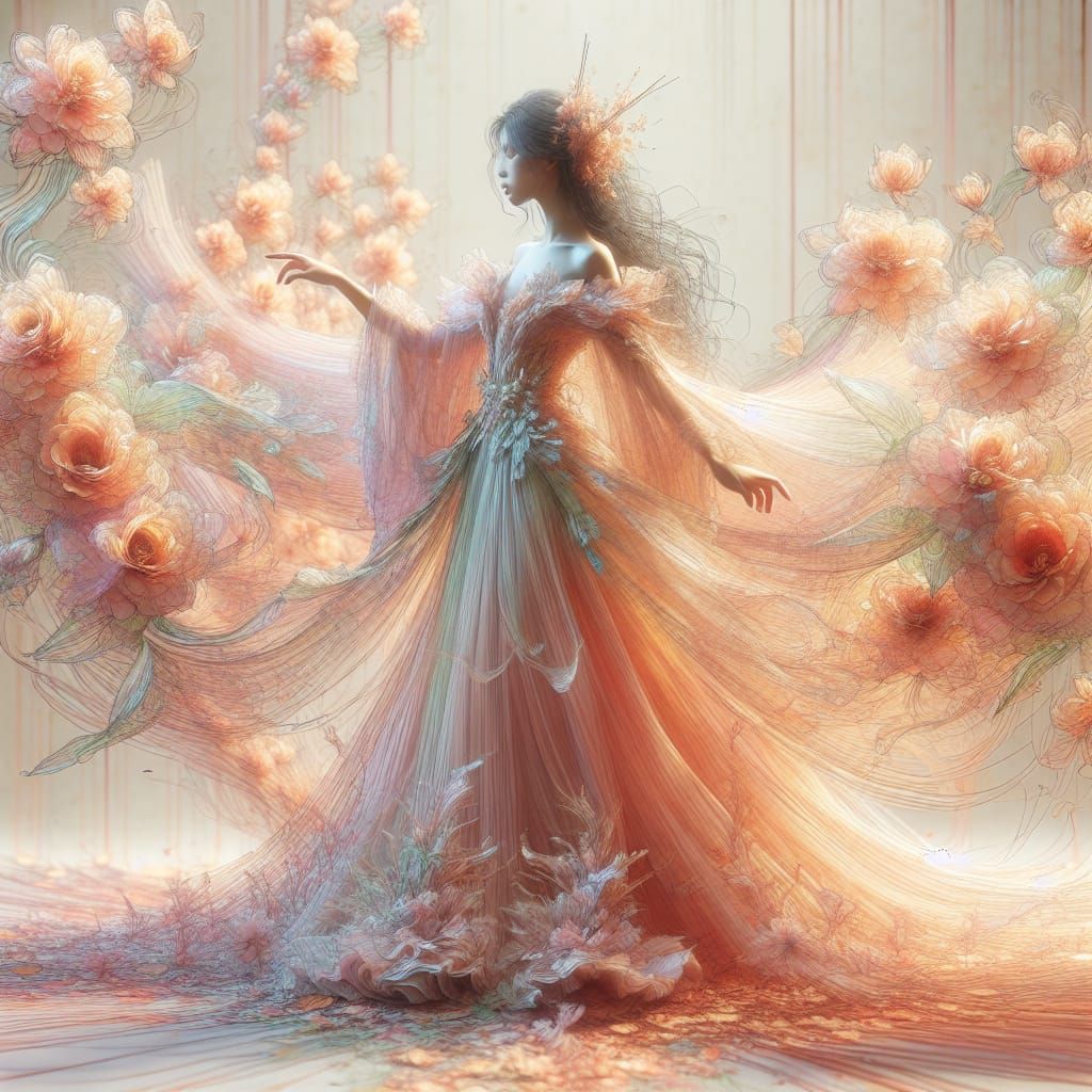 Asian Woman in Petal Storm, as Romantic Art