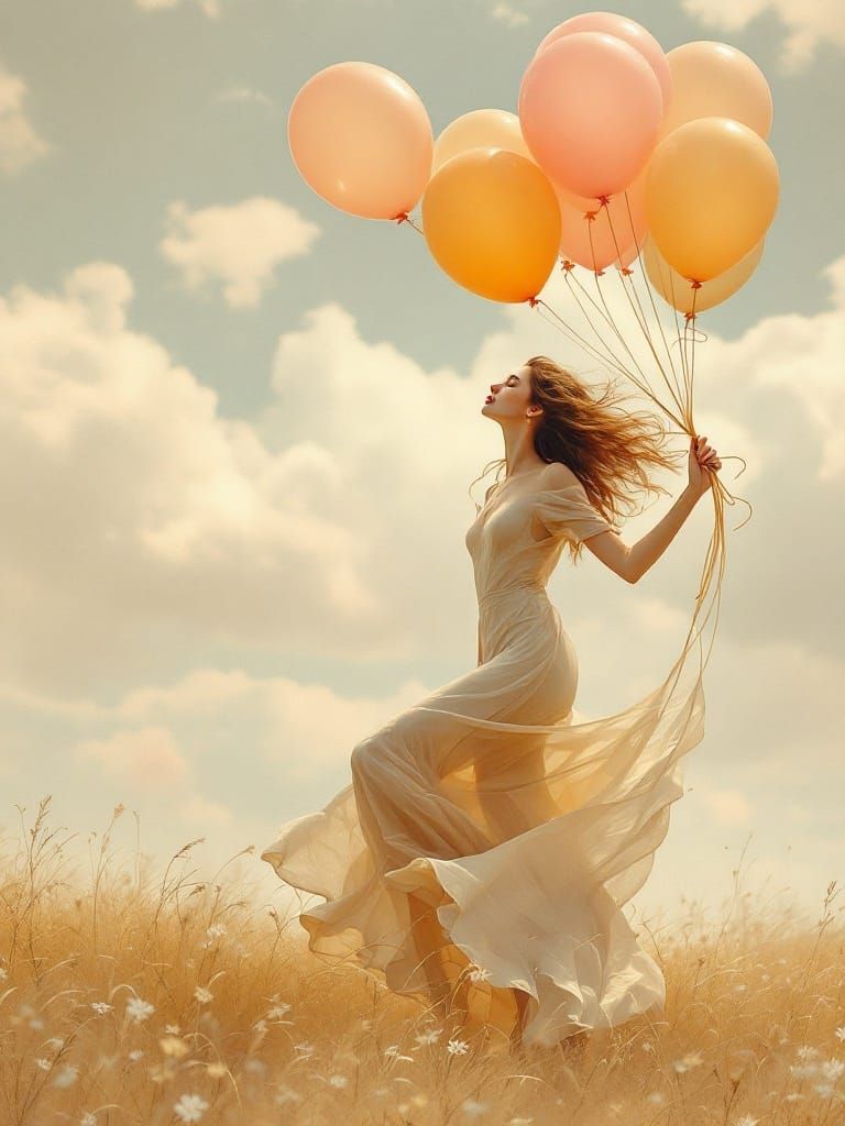 Ethereal Beauty in Soft Pastels - Elegant Woman with Balloon...
