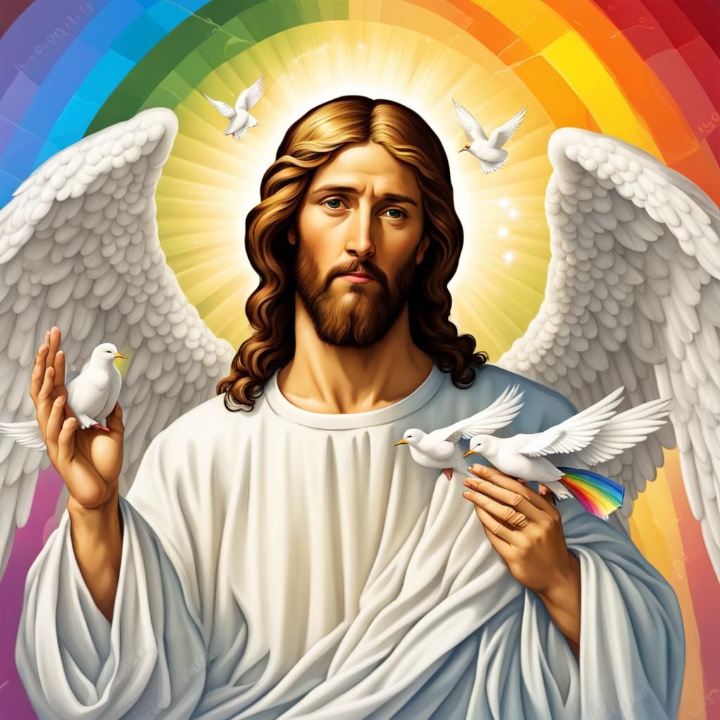Jesus Christ with Rainbow, Doves, and Angels