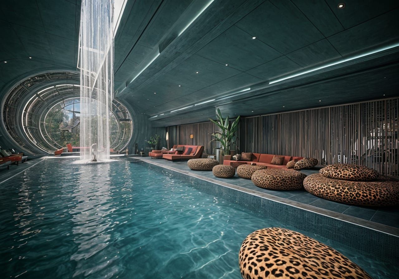 Space Age Boho Chic Living Room with Waterfalls