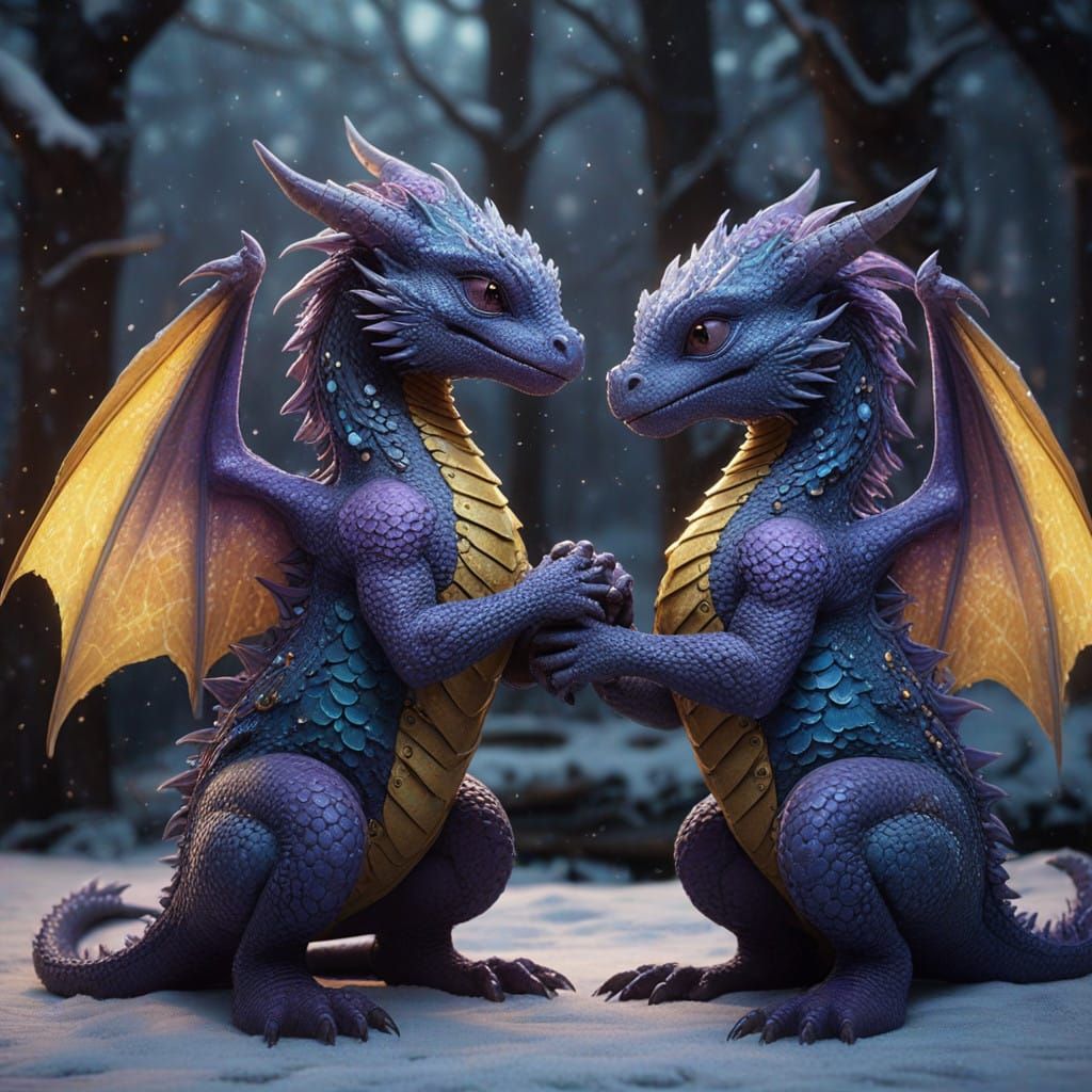 Whimsical Winter Wonderland of Two Baby Dragons