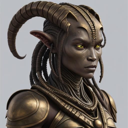Bronze-Skinned Alien Warrior with Goat Features