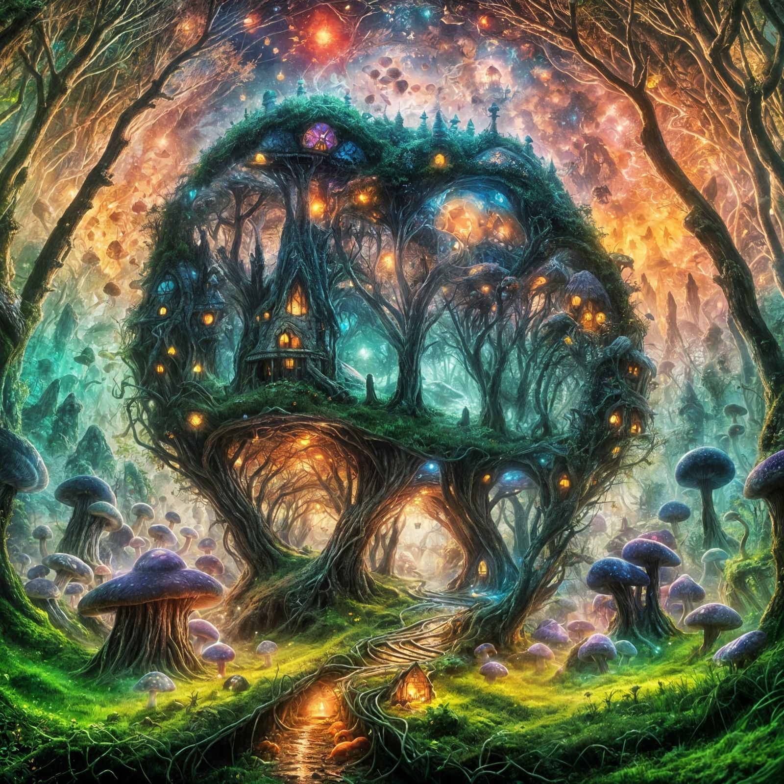 Enchanted Bioluminescent Mushroom House in Surreal Forest