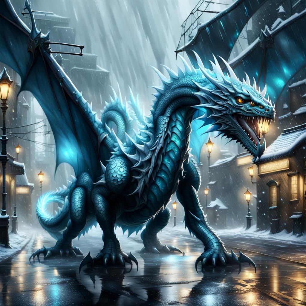 Ice Dragon in Rain: Fantasycore Masterpiece
