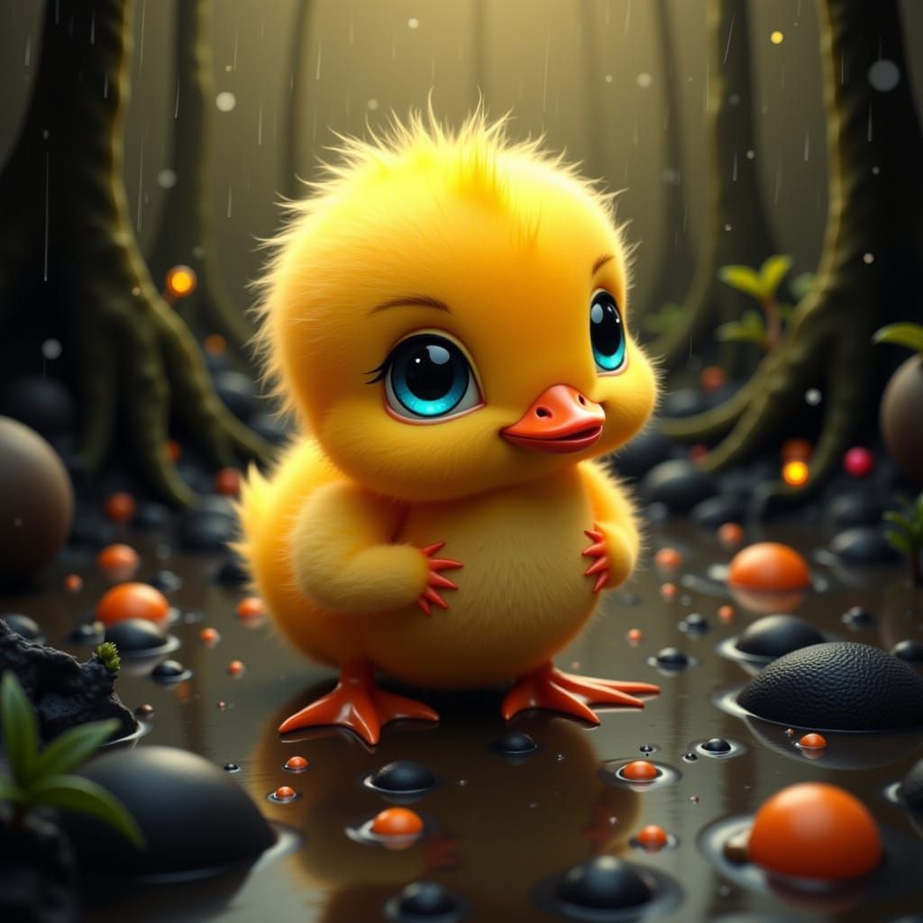 Duckling in Rainy Ambiance with Golden Lighting