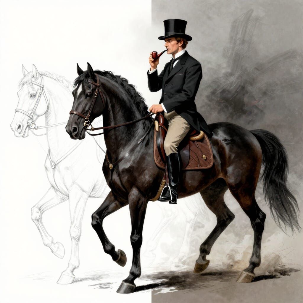 Man on Black Horse: Pencil Sketch Meets Detailed Illustratio...