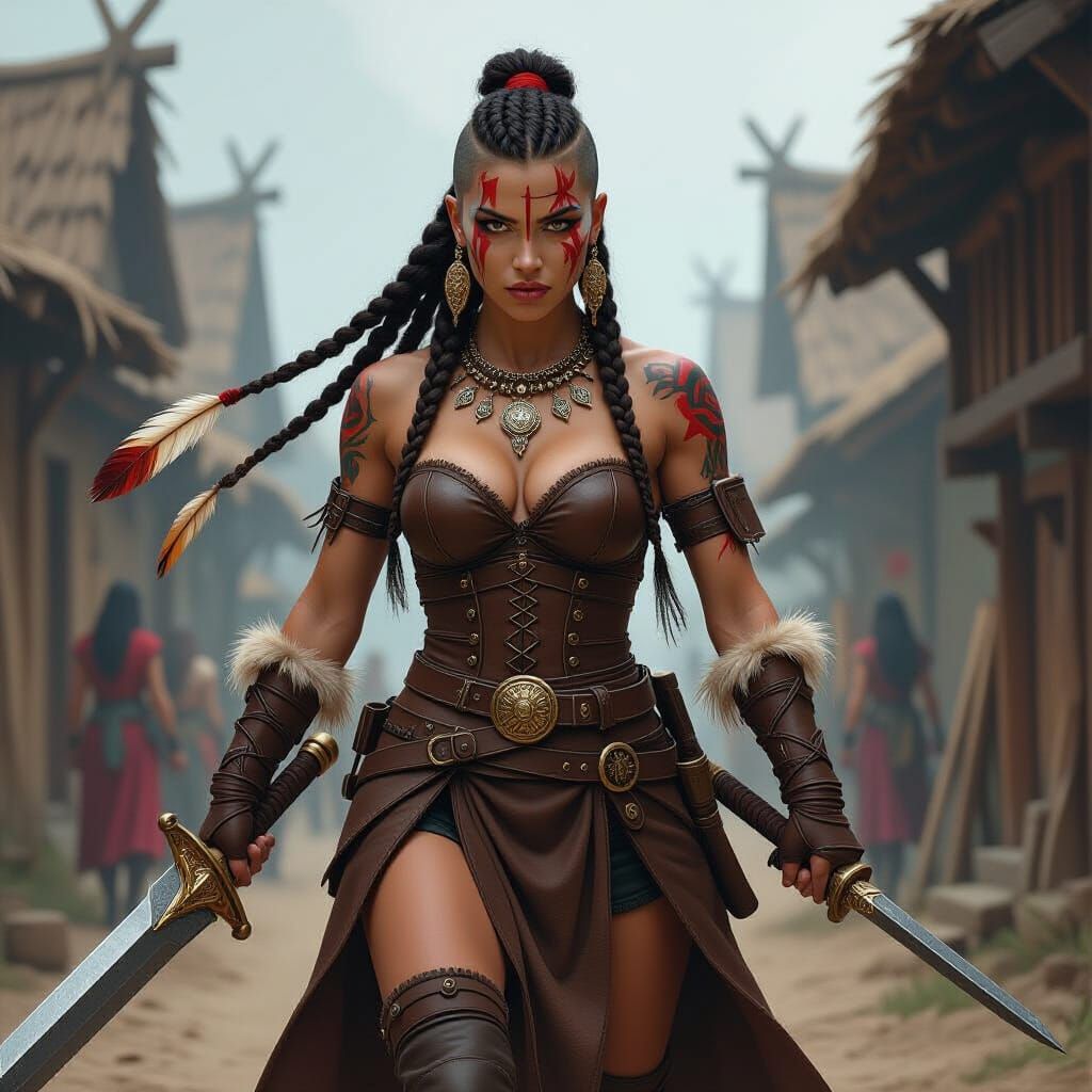 Female Warrior with Shaved Braids in Oil and Acrylic