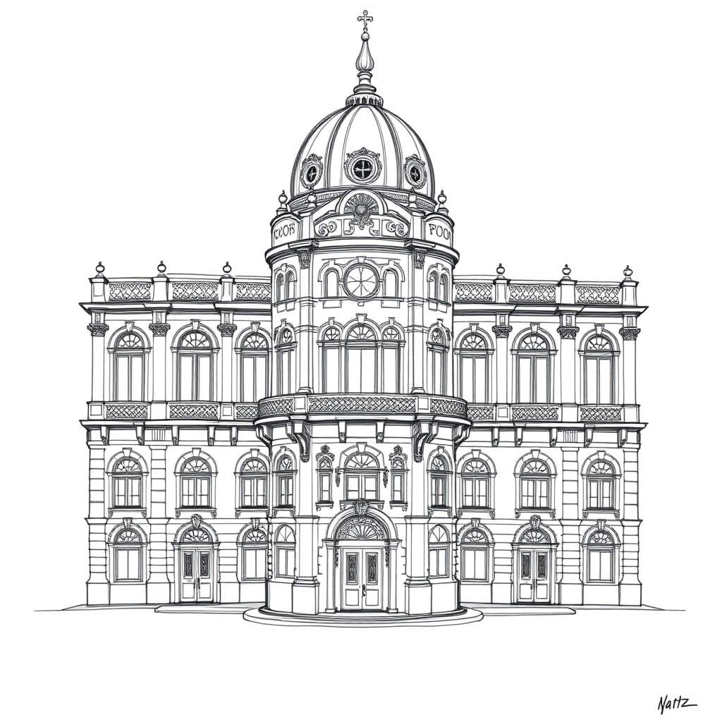 Grand Art Nouveau Palace in Elegant Black and White