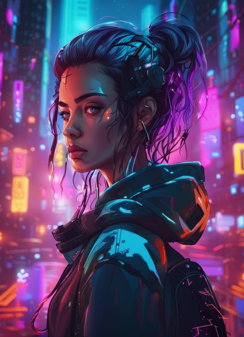 Cyberpunk Woman in a Colorful Forest Night