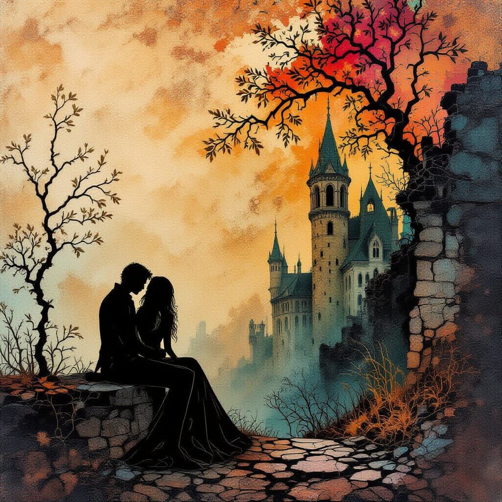 Autumn Lovers on Tea-Stained Parchment in Surreal Style