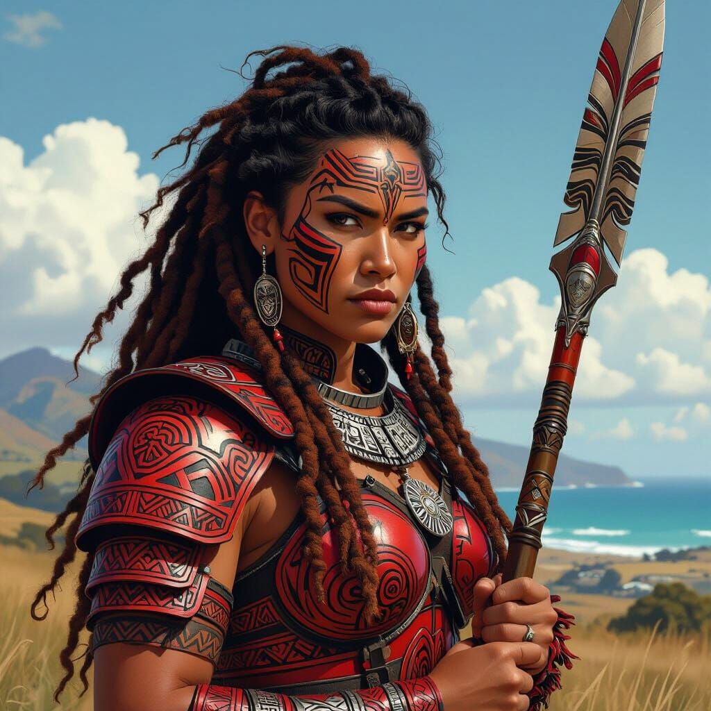 Maori Woman Warrior in Red Armor with Taiaha