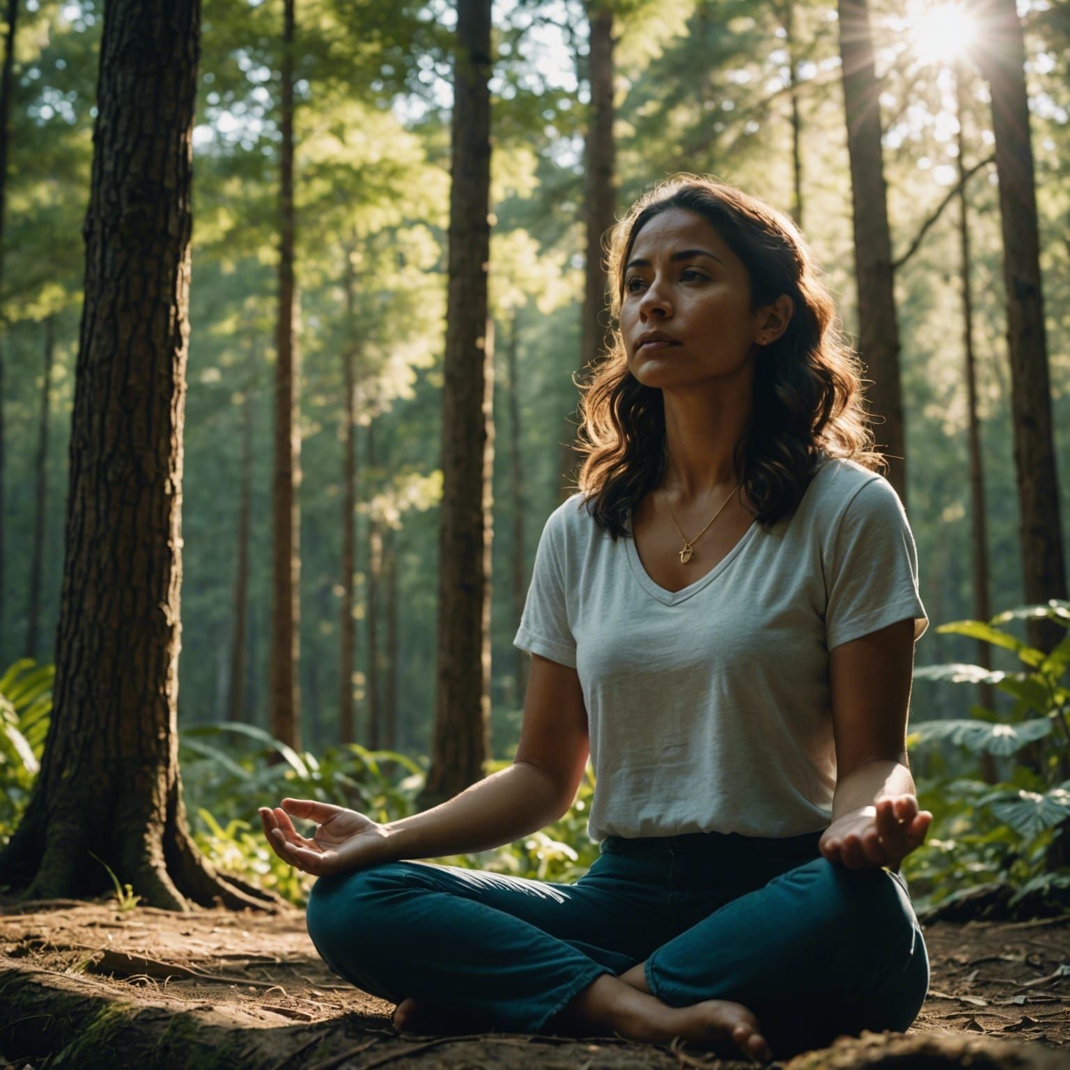 Latina Woman Meditating in Sunlight: Cinematic Still