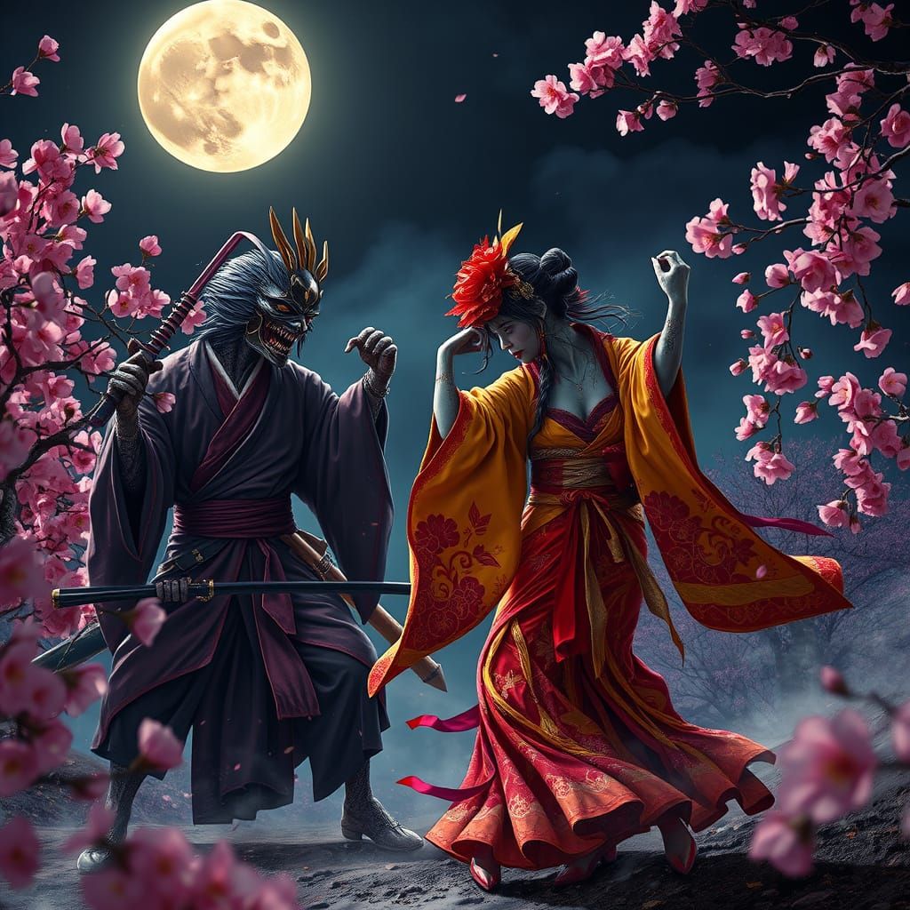 Geisha Zombie Battles Vampire Ninja Under Moon