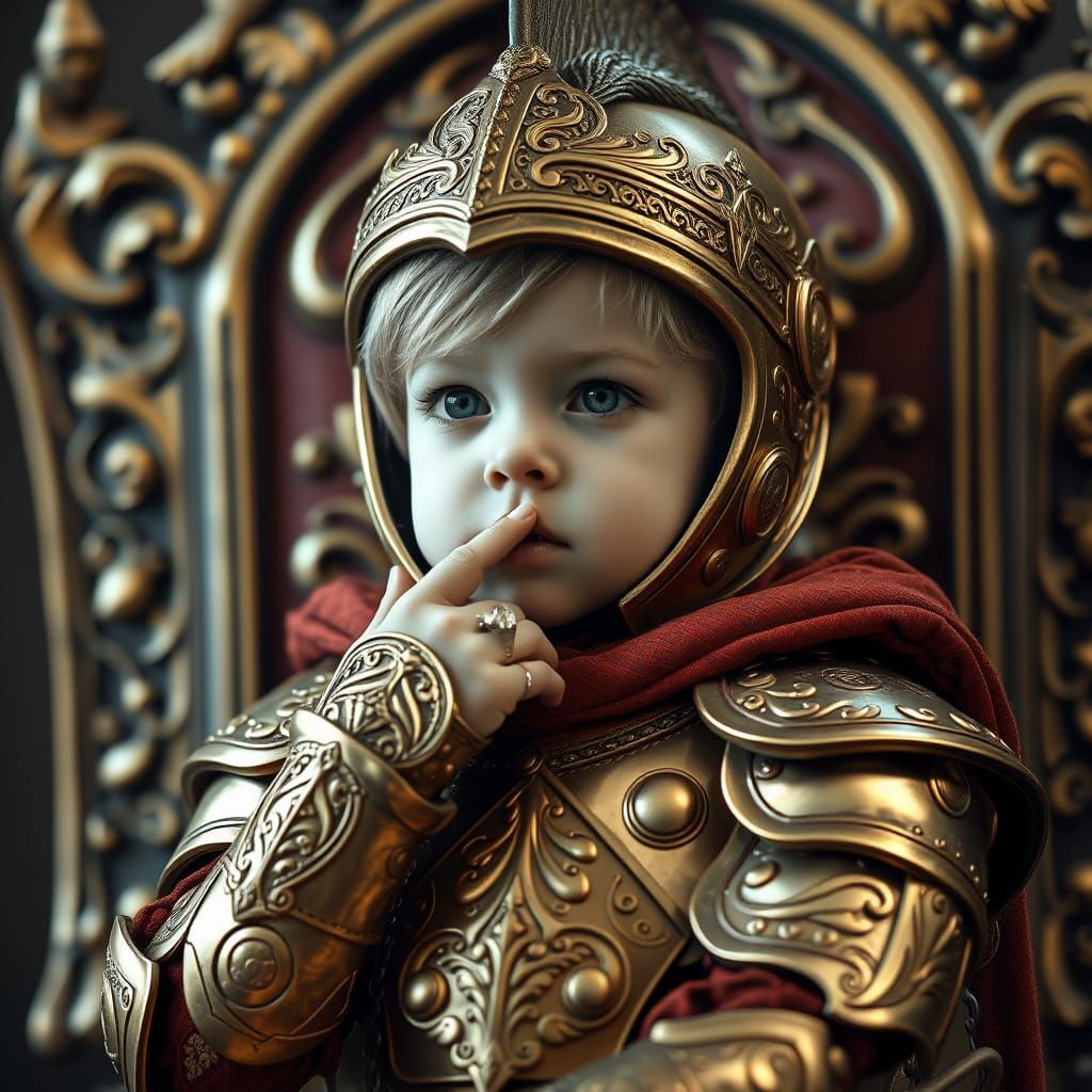 Child Prince in Golden Armor on Throne