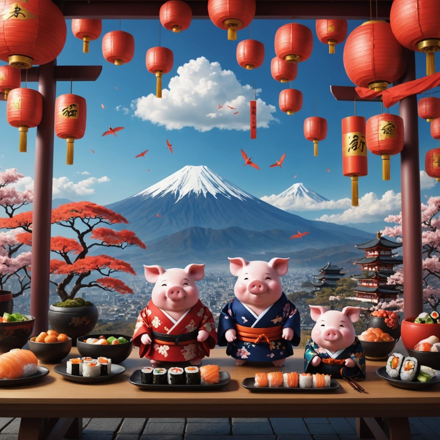 Pig Couple Celebrates Birthday Near Mount Fuji