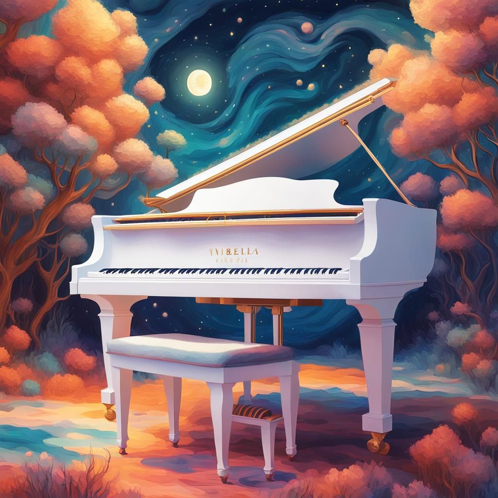 White Grand Piano Floating in Colorful Nebula