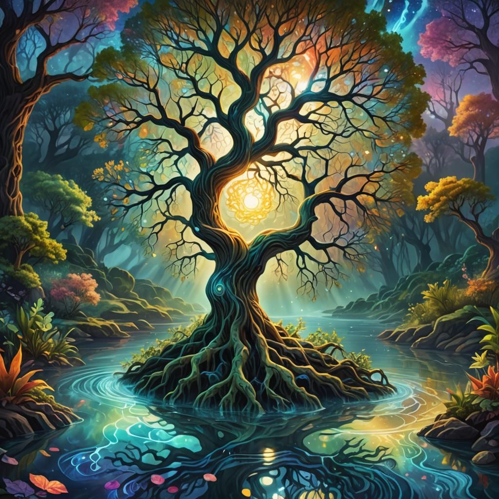 Surreal Tree with Astral Roots and Cosmic Details
