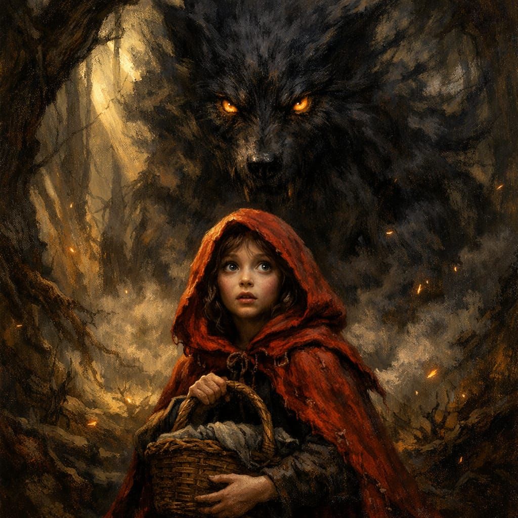 Dark Fantasy Little Red Riding Hood Meets Shadow Wolf