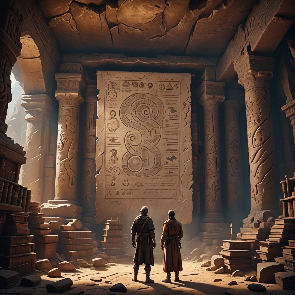Ancient Library with Cave Drawing, Detailed Matte Painting