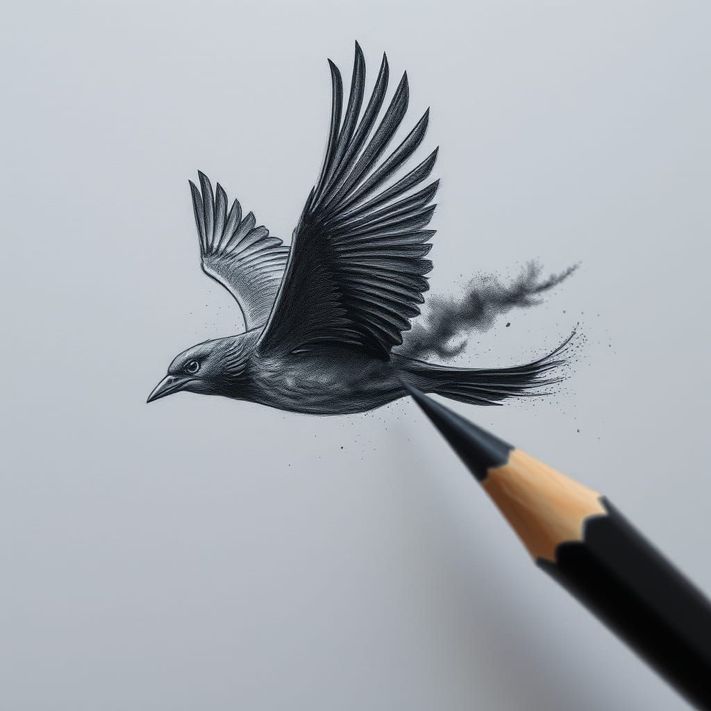 Charcoal Pencil Draws Bird in Flight: Hyper-Detailed Realism