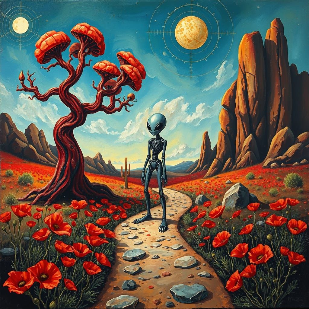 Surreal Desert: Alien Robot on Poppy Path