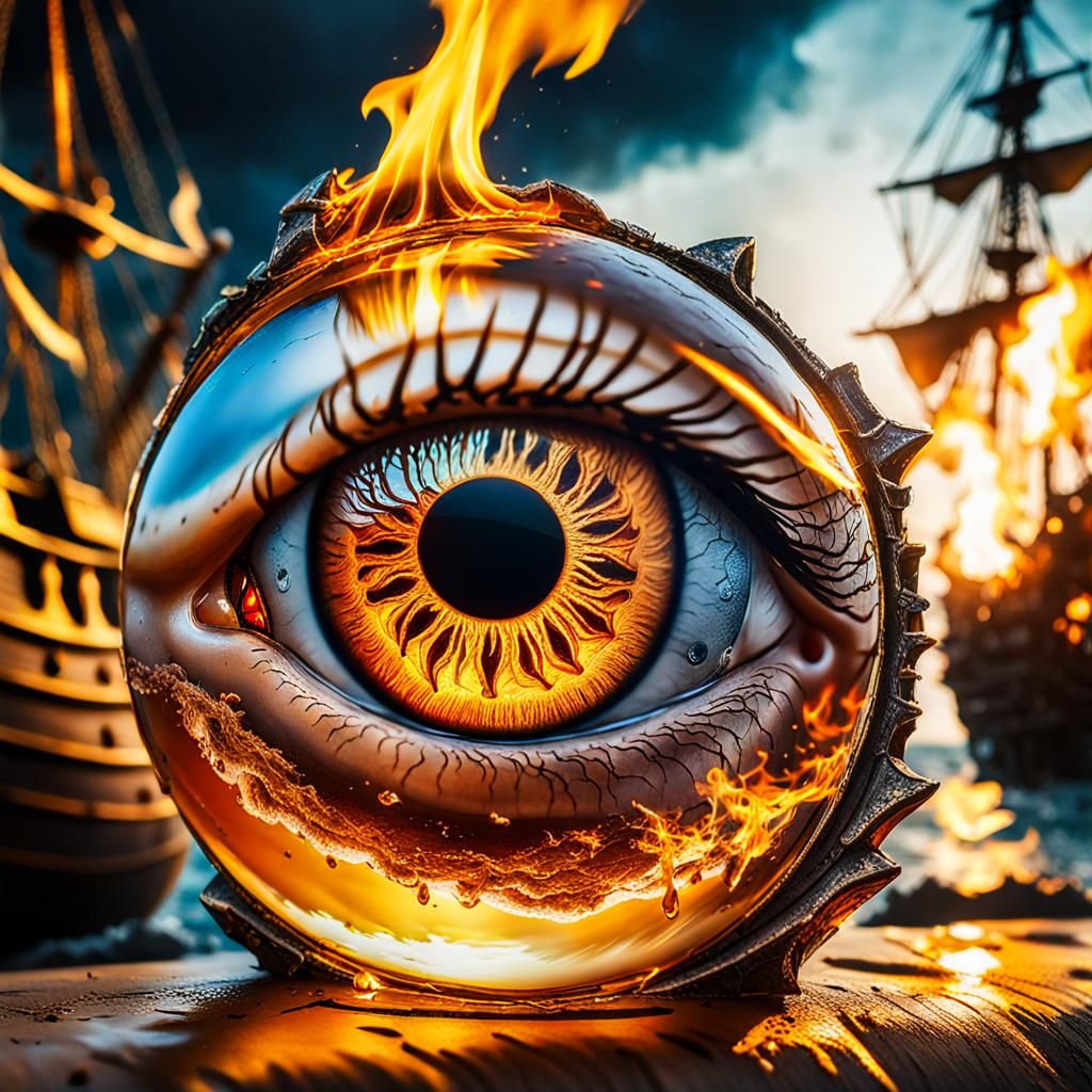 Pirate Eye Reflecting Burning Ship, Hyperrealistic Close-up
