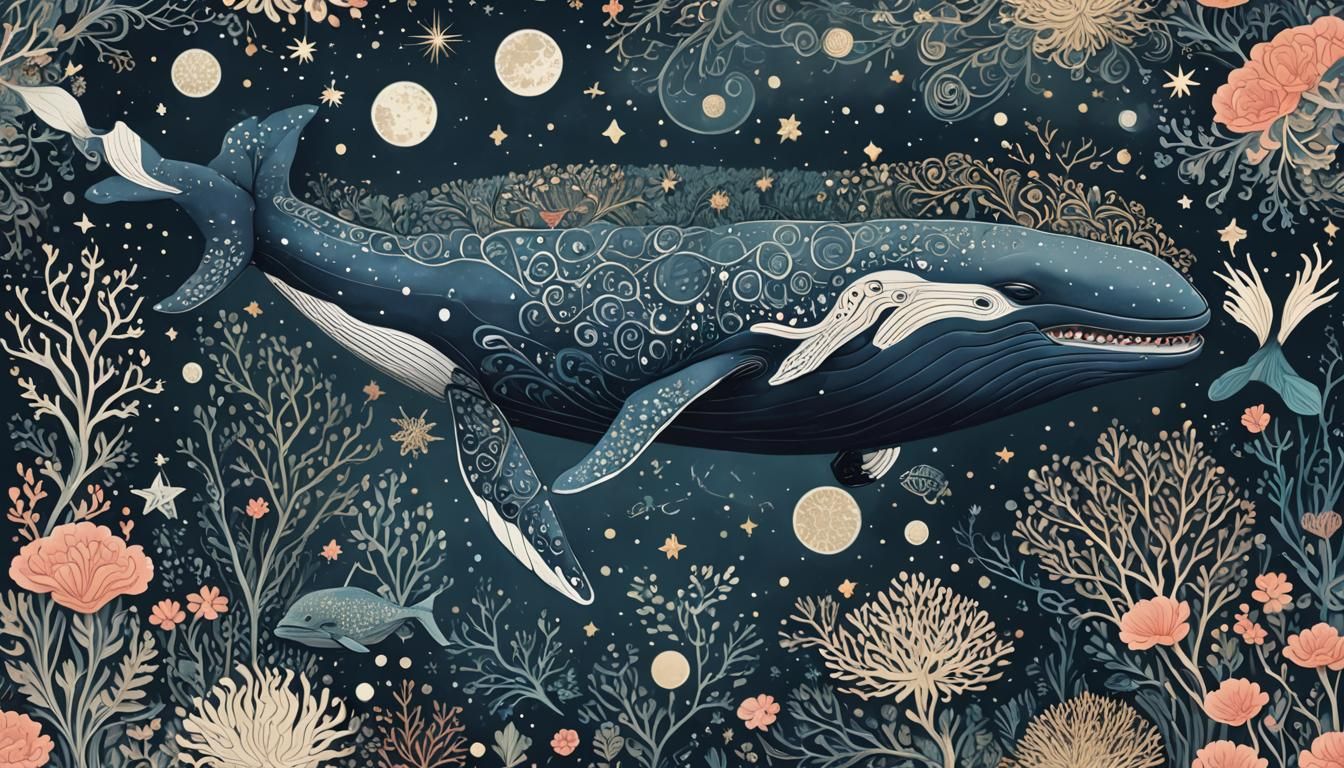 Whale Adorned with Intricate Patterns Under Starry Sky