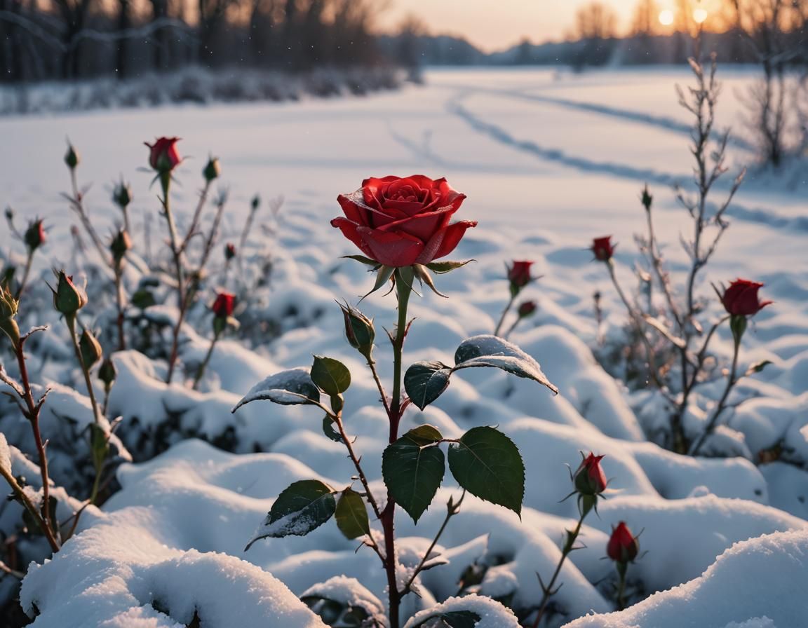 Red Rose Blooms in Snowy Field: Hyperrealistic Photo