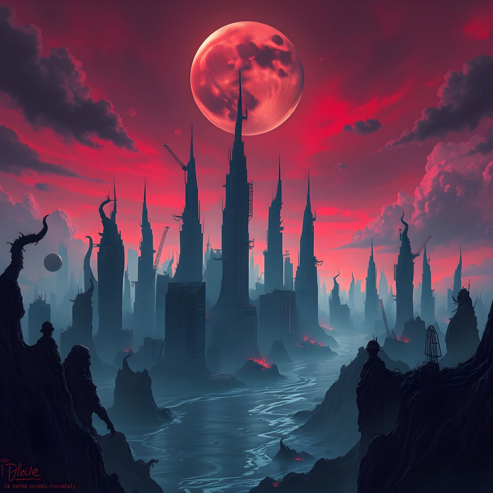 Surreal Cityscape with Red Sky, Fantasy Concept Art