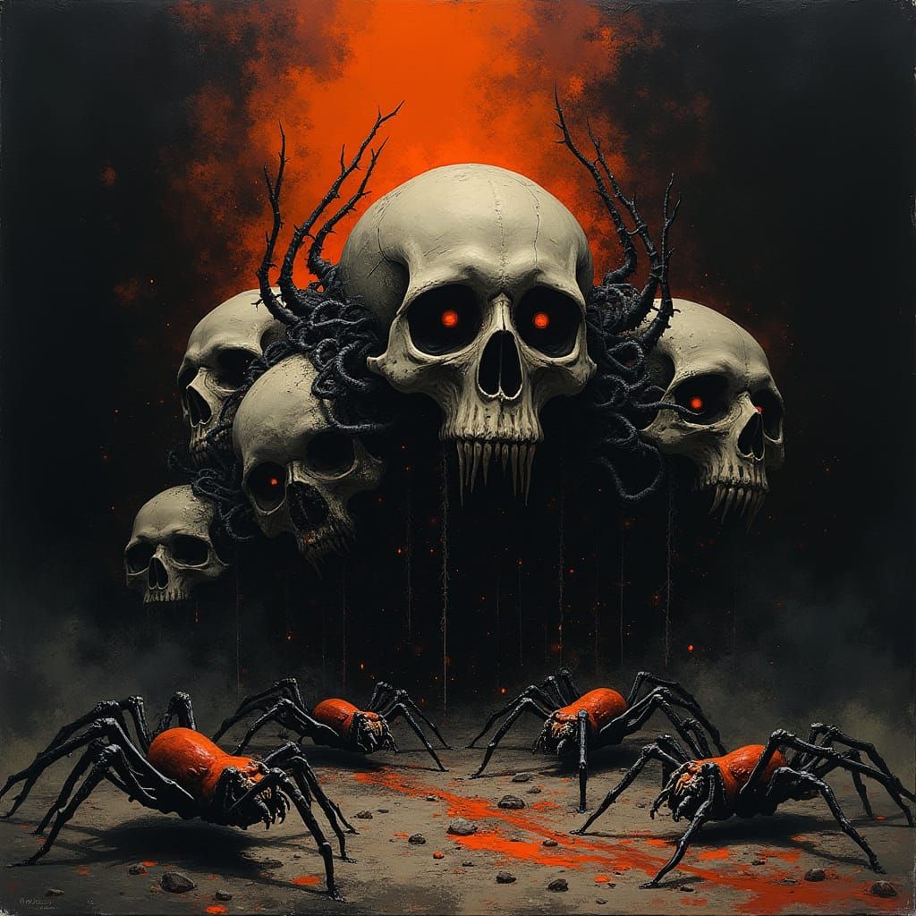Dark Mystical Scene with Skulls and Spiders in Giger-Inspire...