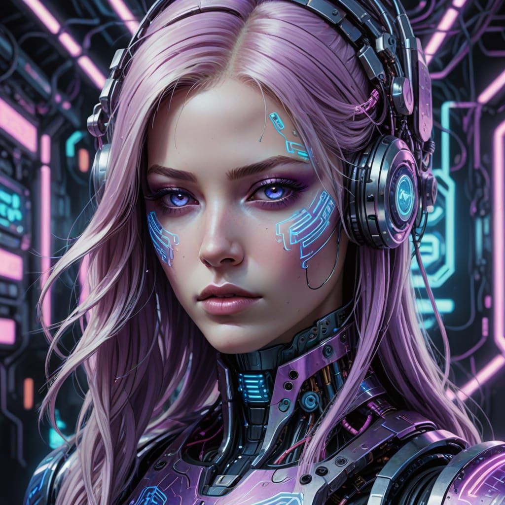Cyberpunk Goddess with Robotic Head and Vibrant Pastel Hair
