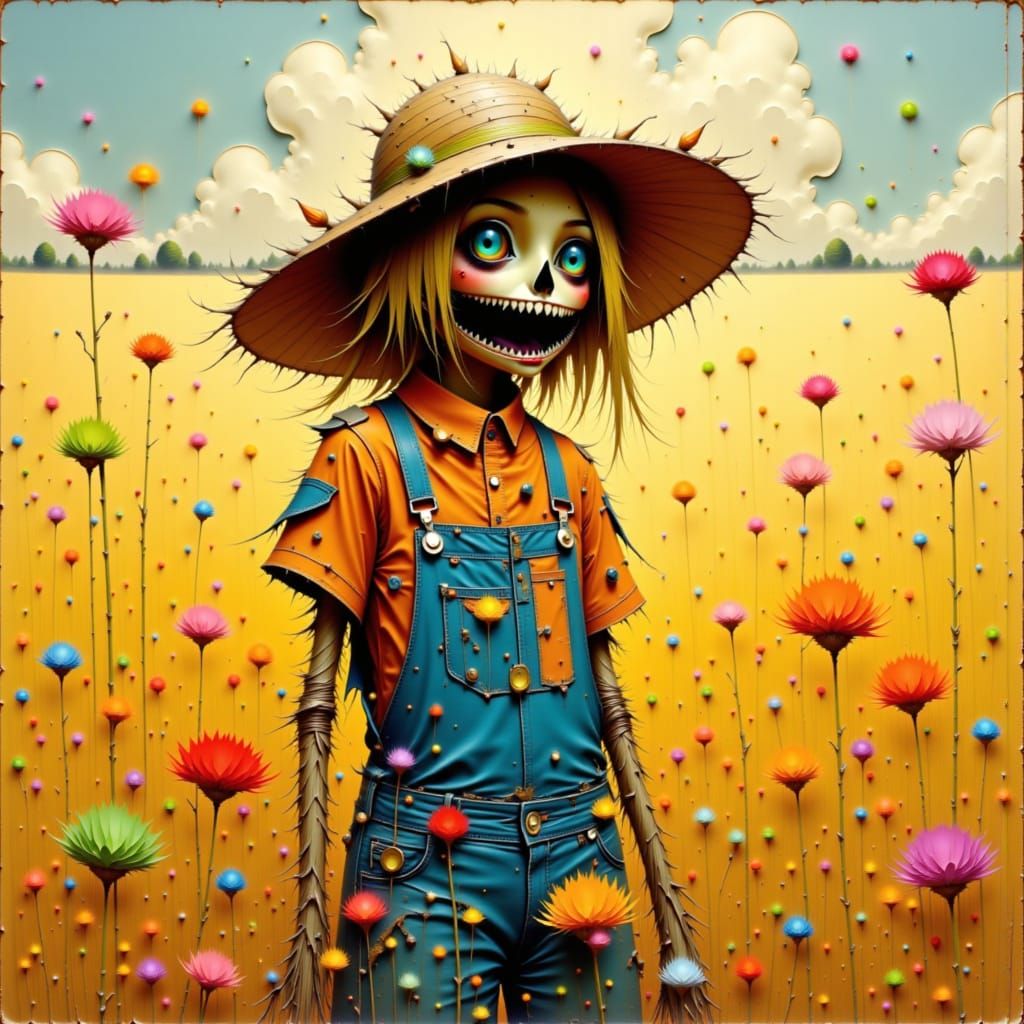 Impressionistic Scarecrow in Autumn Wheat Field