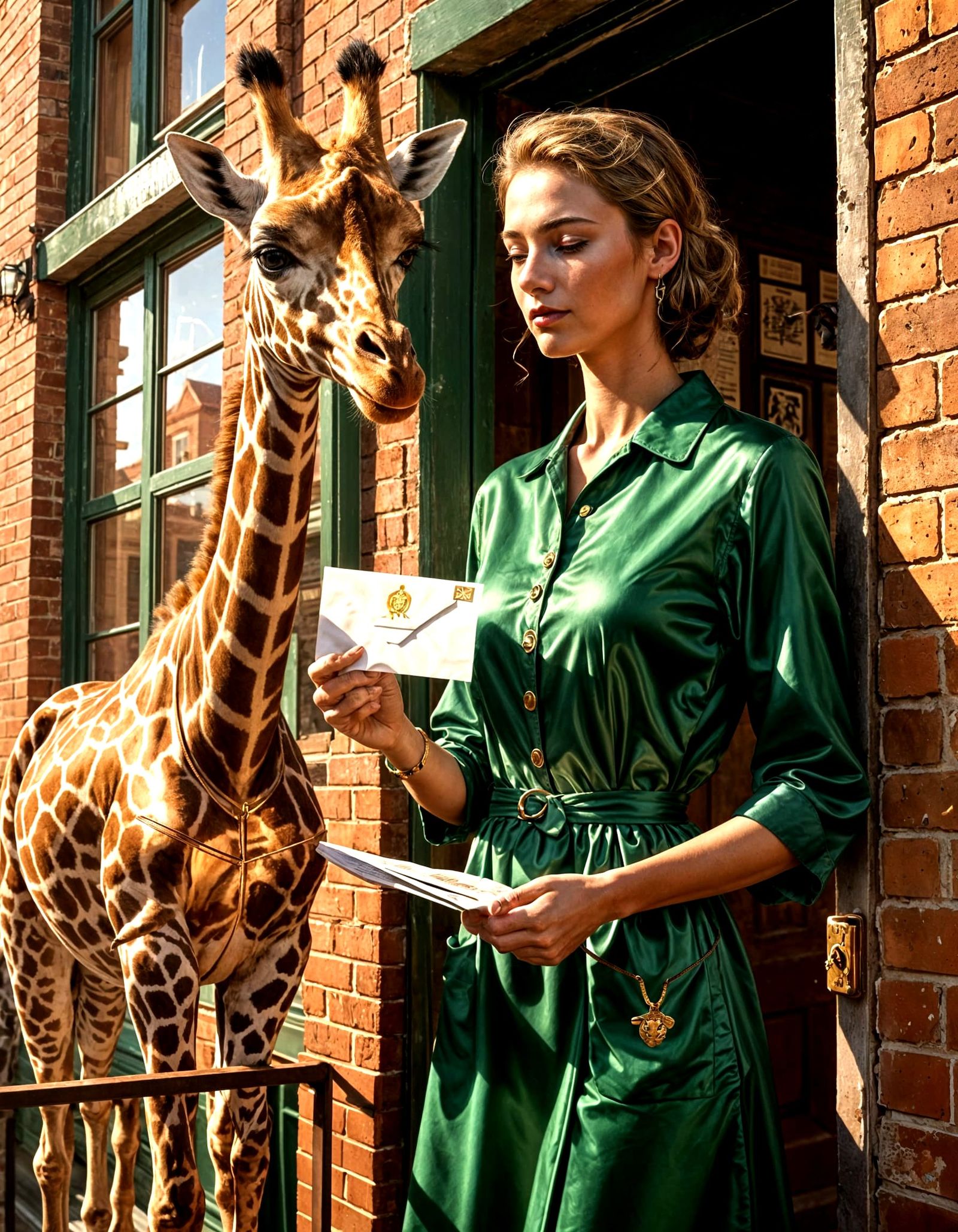 Retro-Inspired Giraffe Visits a Woman on a Sunny Day