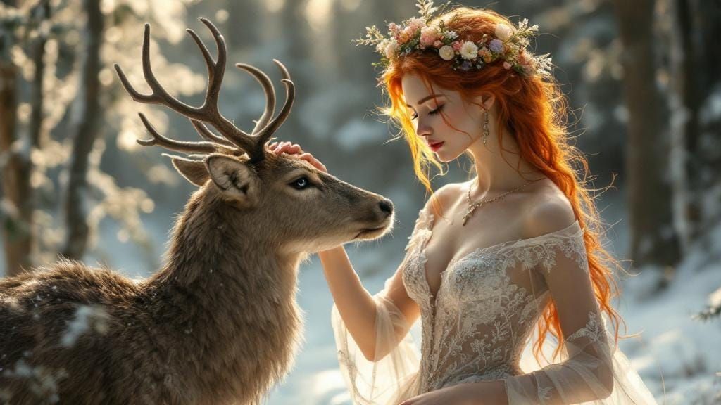 Ethereal Woman Touches Deer in Snowy Forest