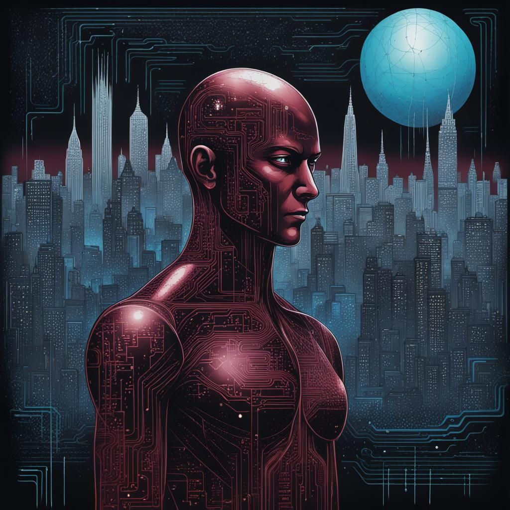Humanoid Atom Vision in Burgundy and Blue Lithography