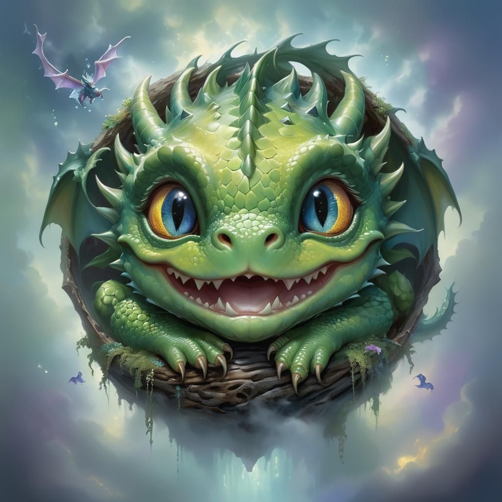 Adorable Baby Dragon in Ethereal Fantasy Landscape