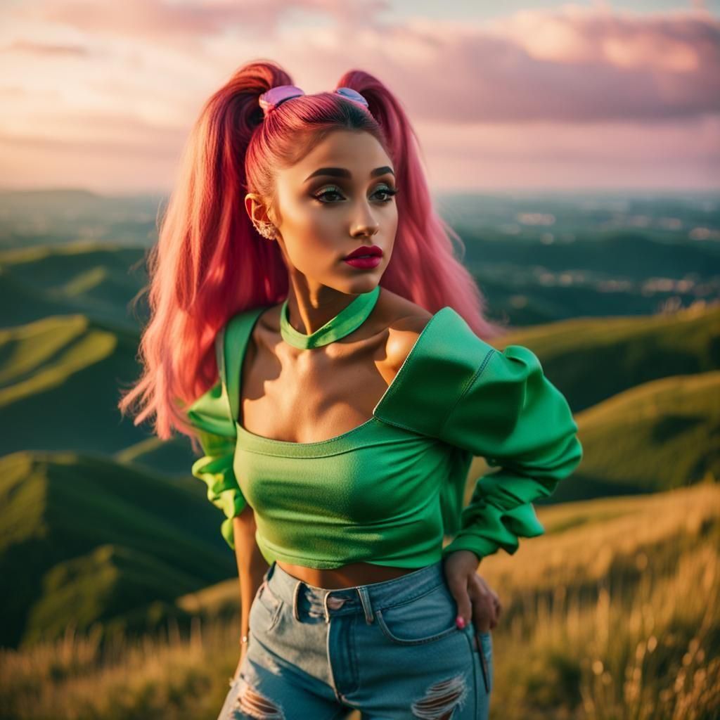 Elegant Woman with Red Lips on Hilltop