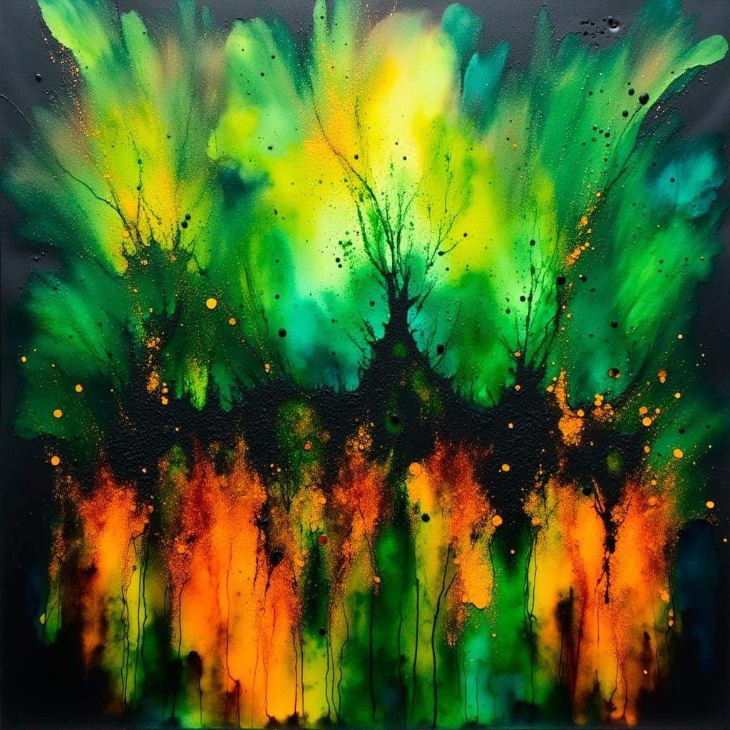 Vibrant Green and Orange Abstract Cabaret Scene