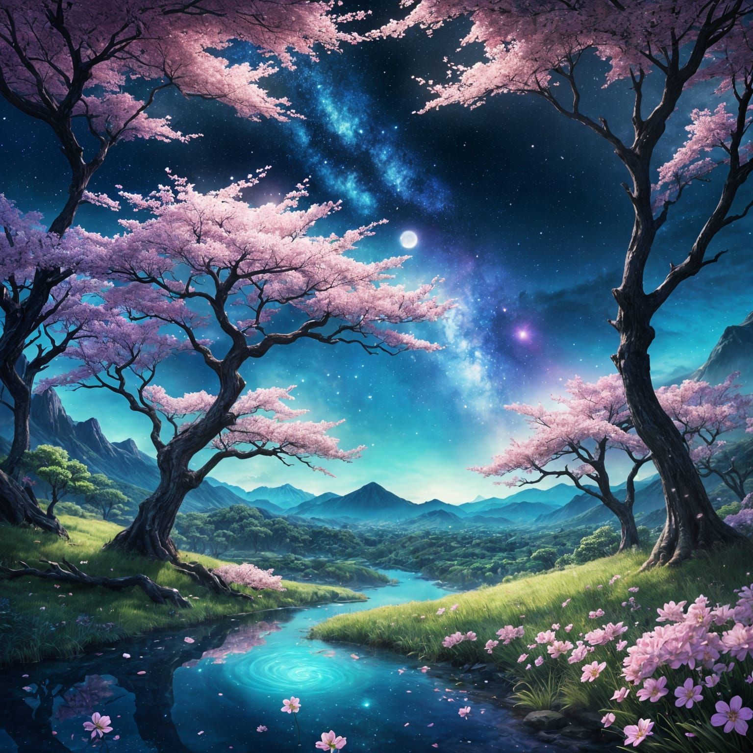 Glowing Anime Nightscape with Cherry Blossoms