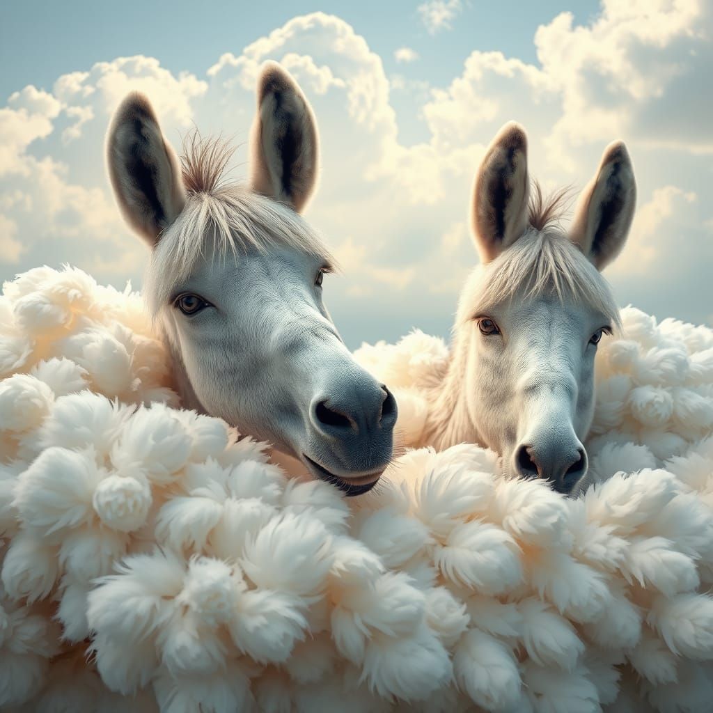 Donkeys Peer from Whimsical Portal of Goose Feathers
