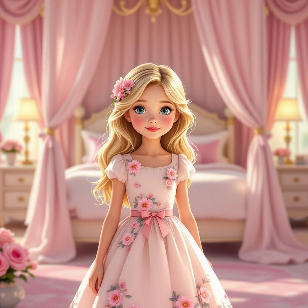 Whimsical Girl in Floral Dress in Romantic Bedroom