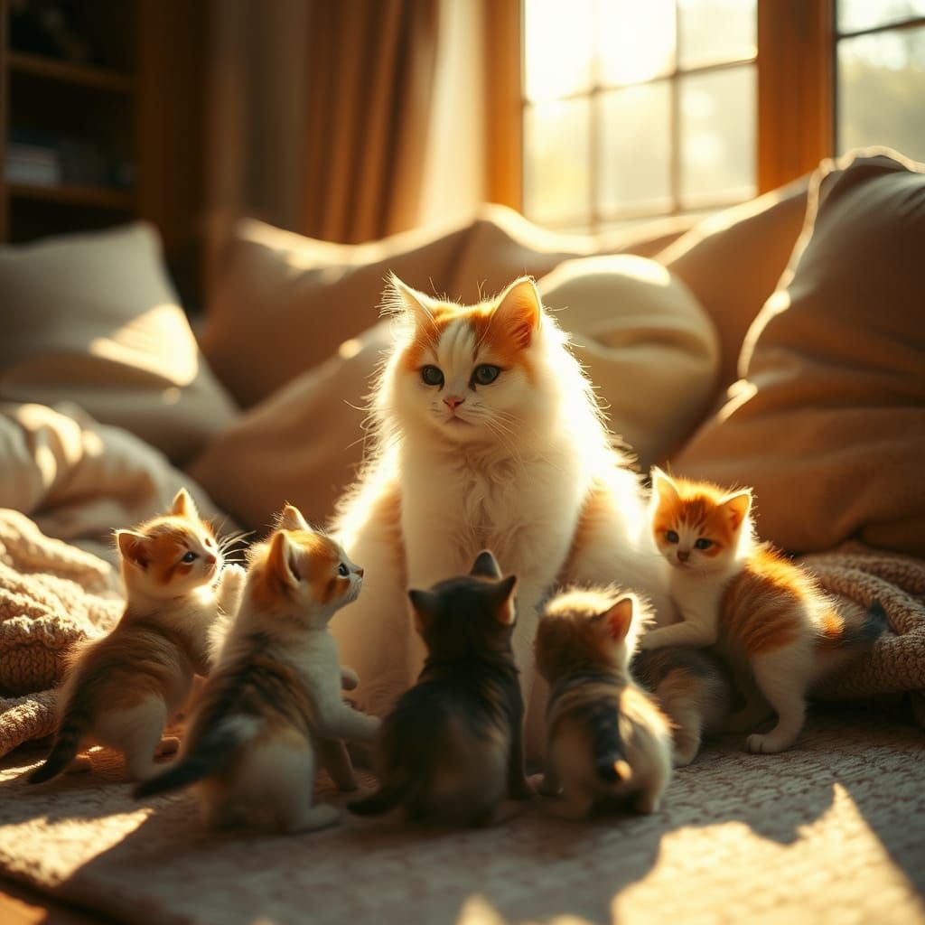 Cats and Kittens Playing in Golden Sunlight