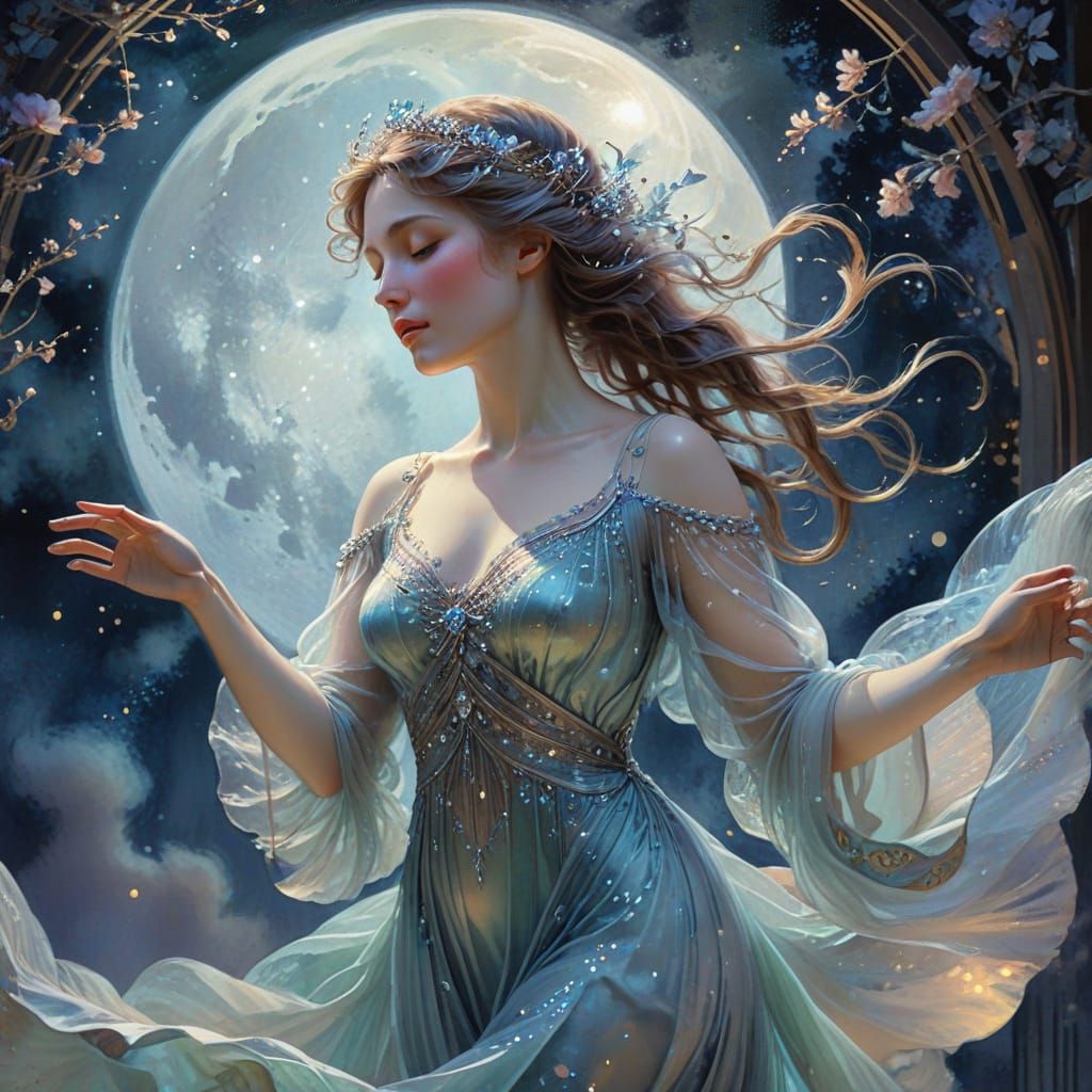 Woman Waltzes Under Moon in Alphonse Mucha Style