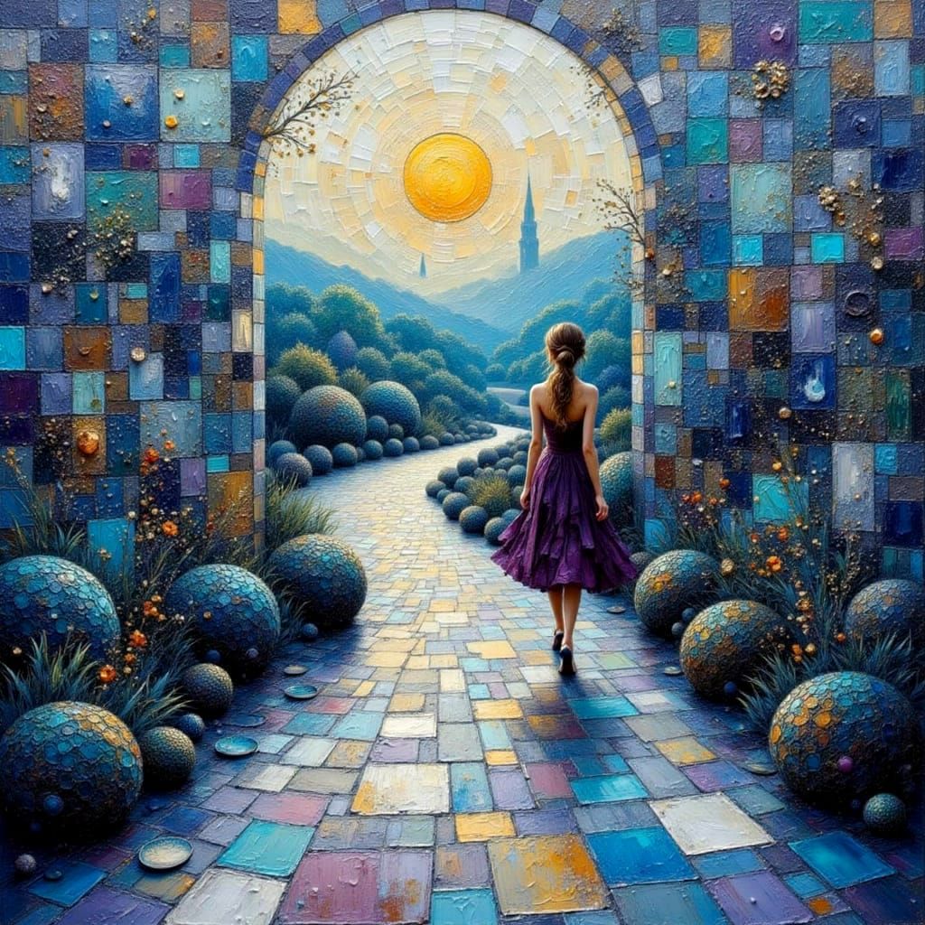 Woman on Tiled Path: Impasto Oil Painting