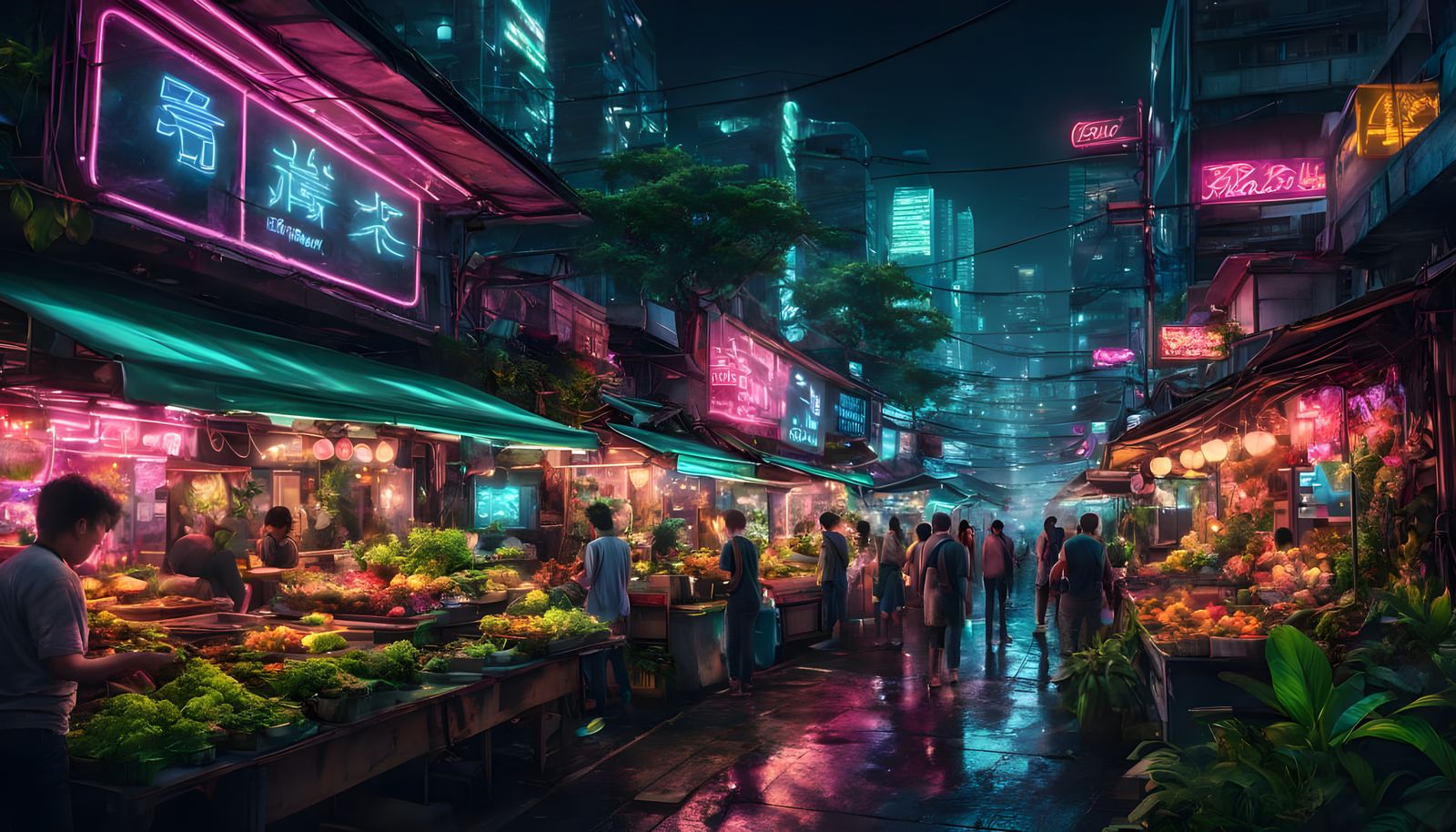 Luminous Futuristic Night Market Amidst Verdant Gardens