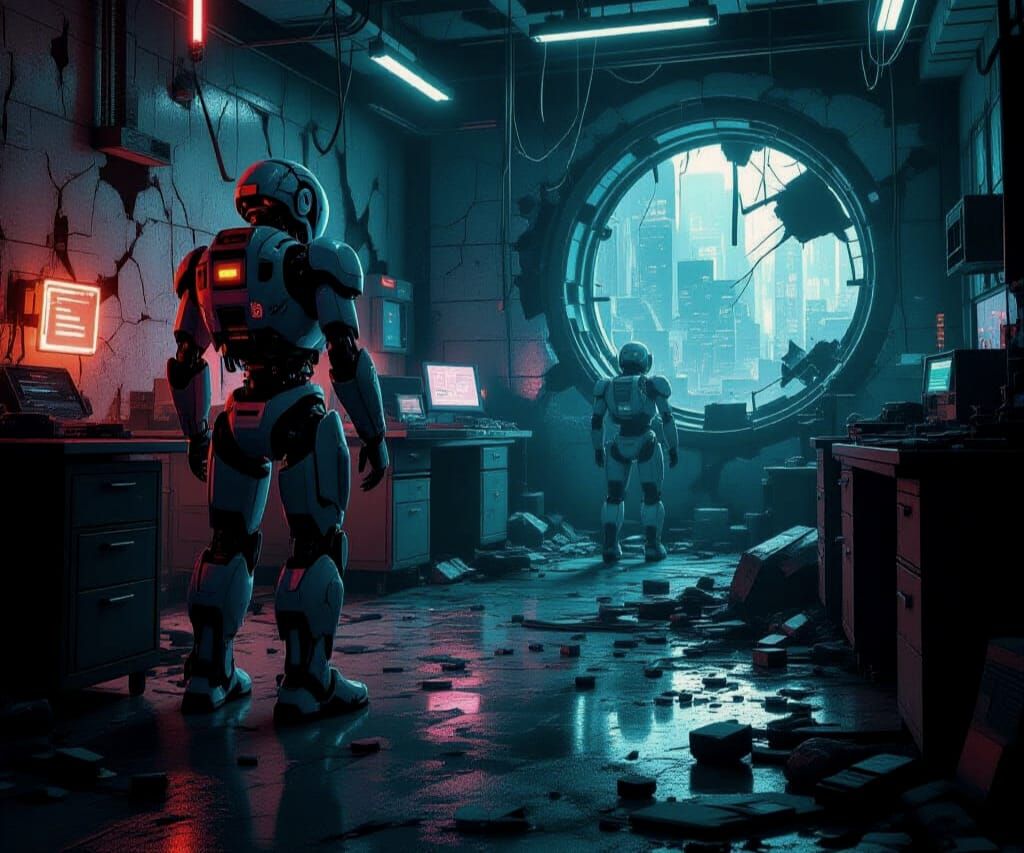 Ruined Robotic Lab in Cyberpunk Style