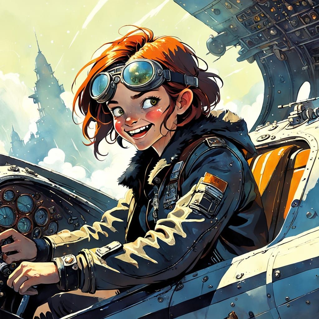 Whimsical Goblin Pilot in Flight, with Black Smoke and Vibra...