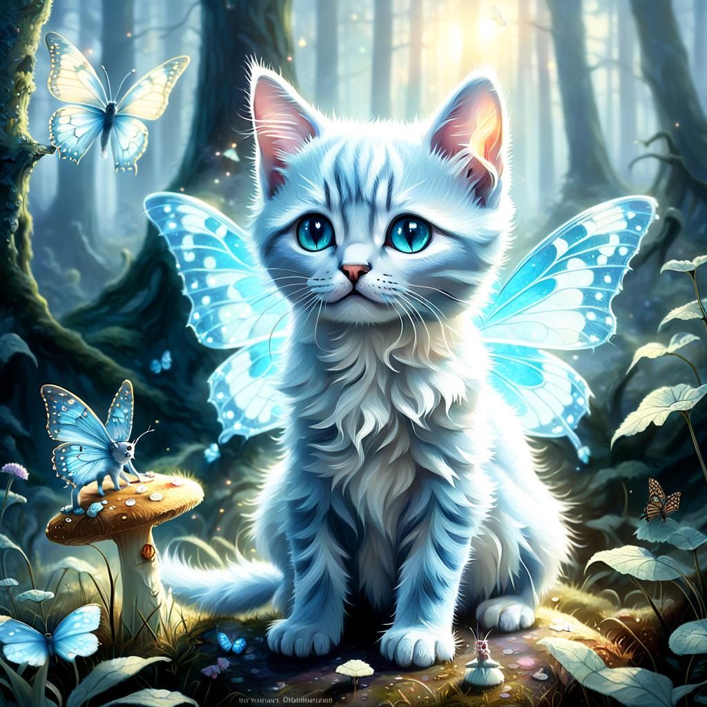 Blue Kitten and Fairy in Misty Forest