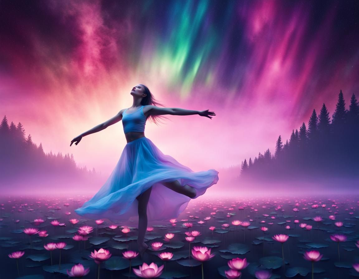 Young Girl Dancing in Aurora Borealis Garden